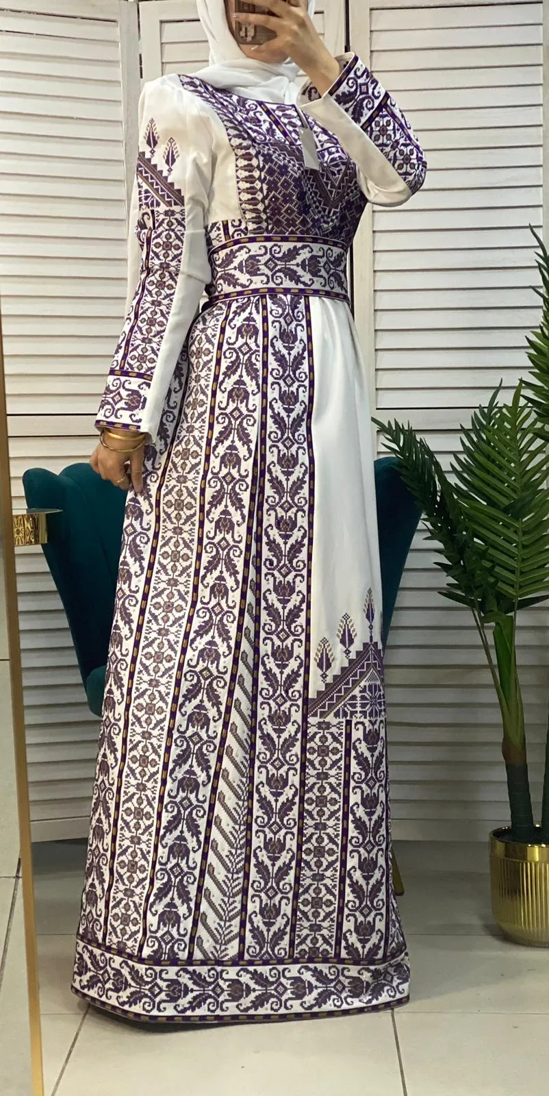 White Made in Gaza Thobe with Unique Purple Embroidery