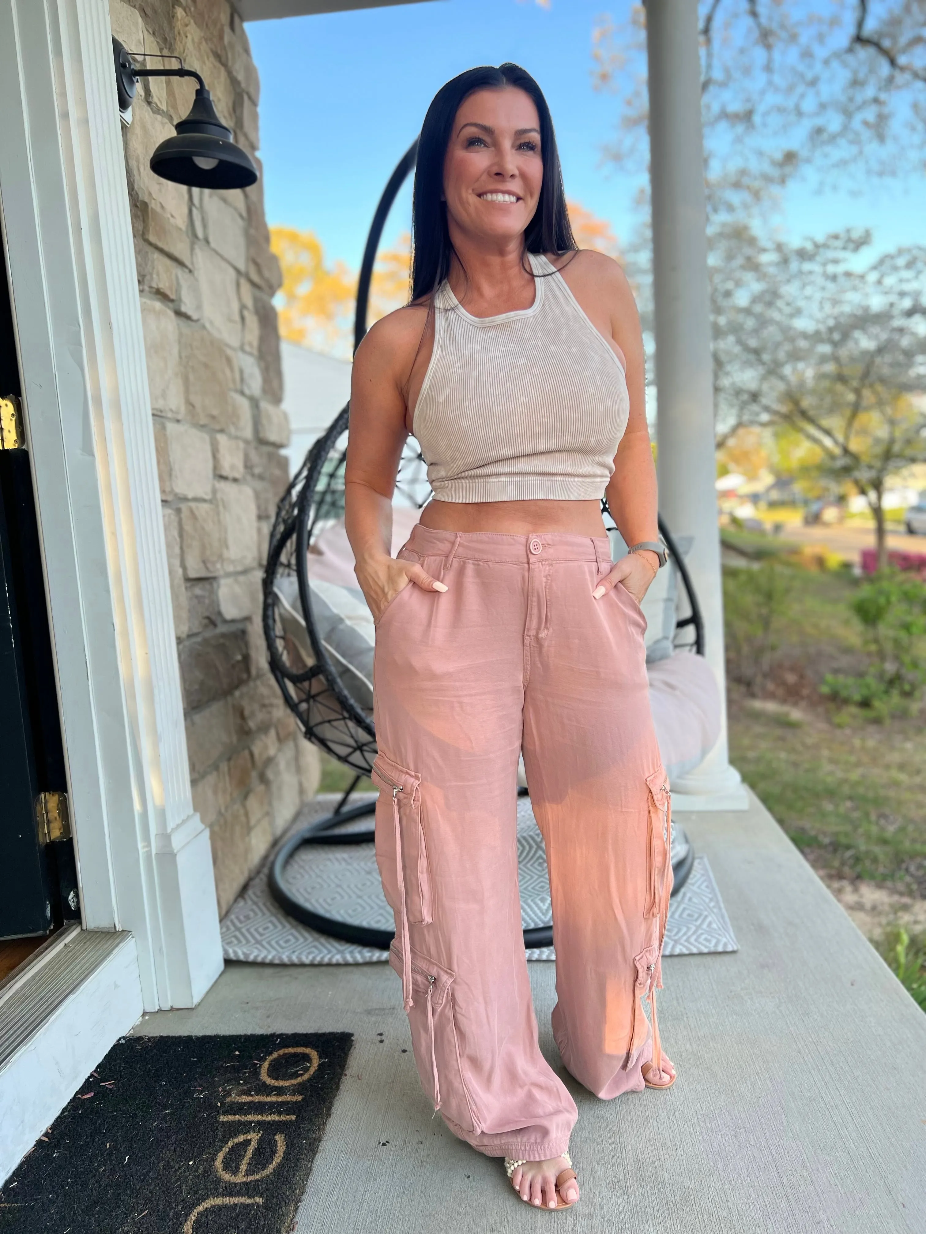 Wide Leg Cargo Pants- Mauve