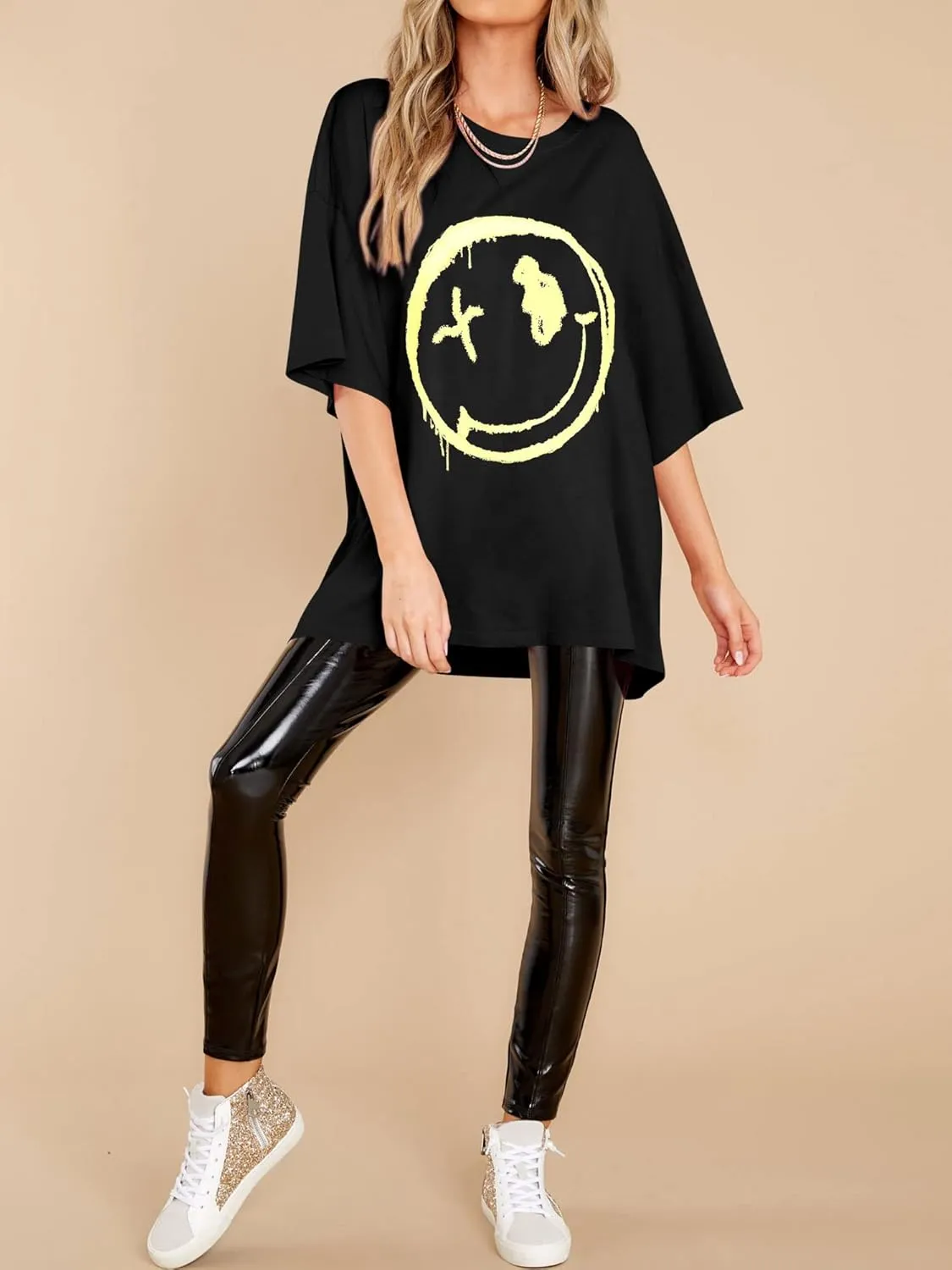 WLLW Women's Drop Shoulder Cute Oversized Graphic Tees Loose Crewneck Half Sleeve Preppy Graphic T Shirts Tops