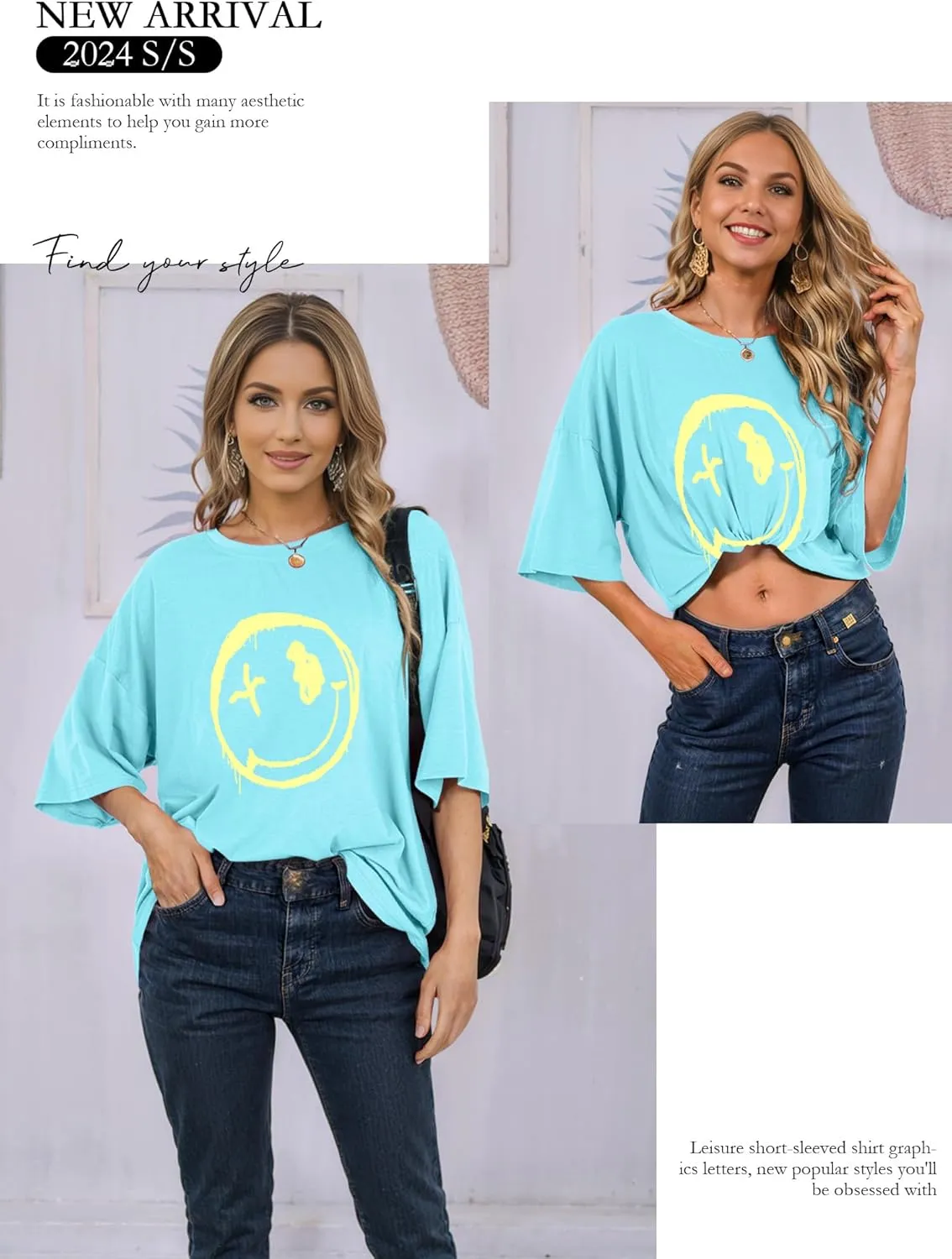WLLW Women's Drop Shoulder Cute Oversized Graphic Tees Loose Crewneck Half Sleeve Preppy Graphic T Shirts Tops