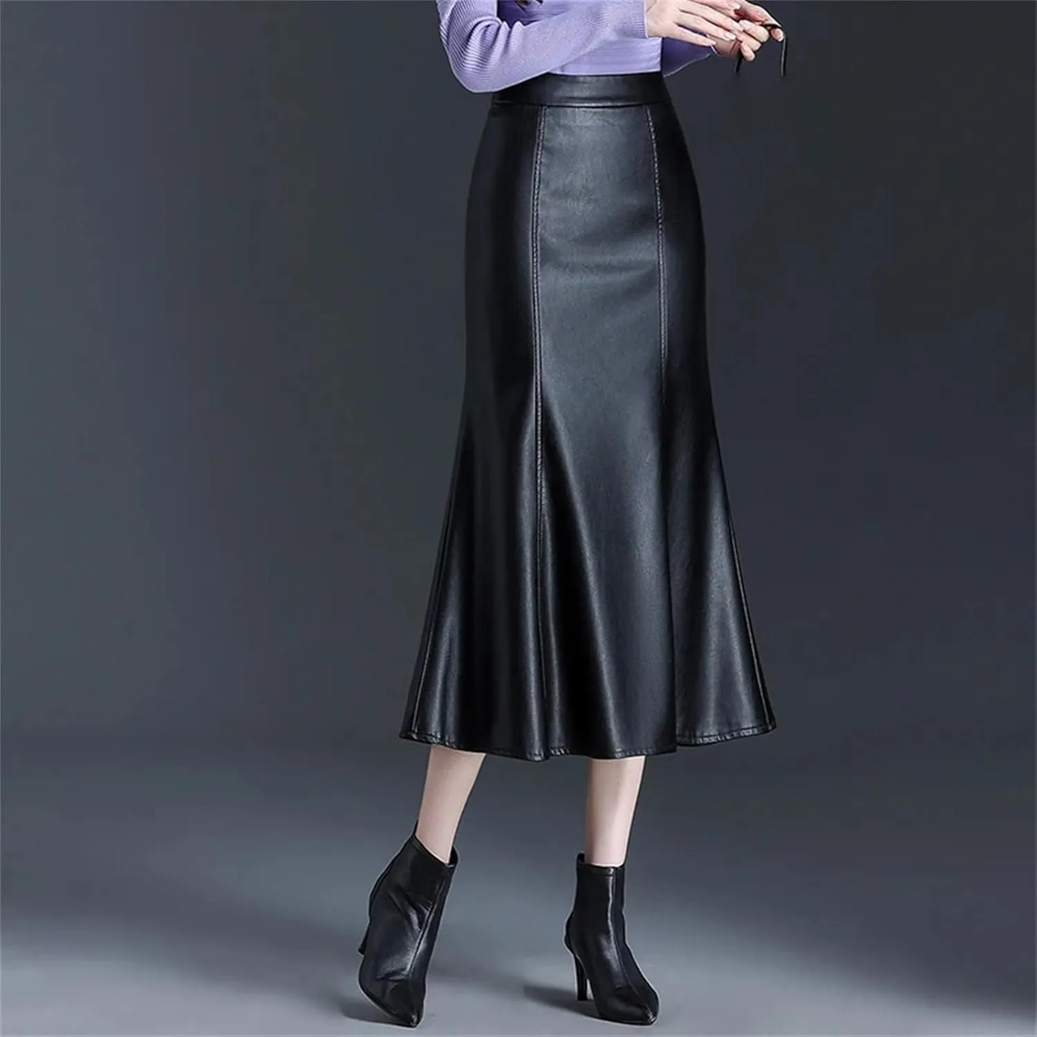Women Black Long PU Leather Trumpet Skirt Winter Office Chic High Waist Midi Length Bodycon Skirts