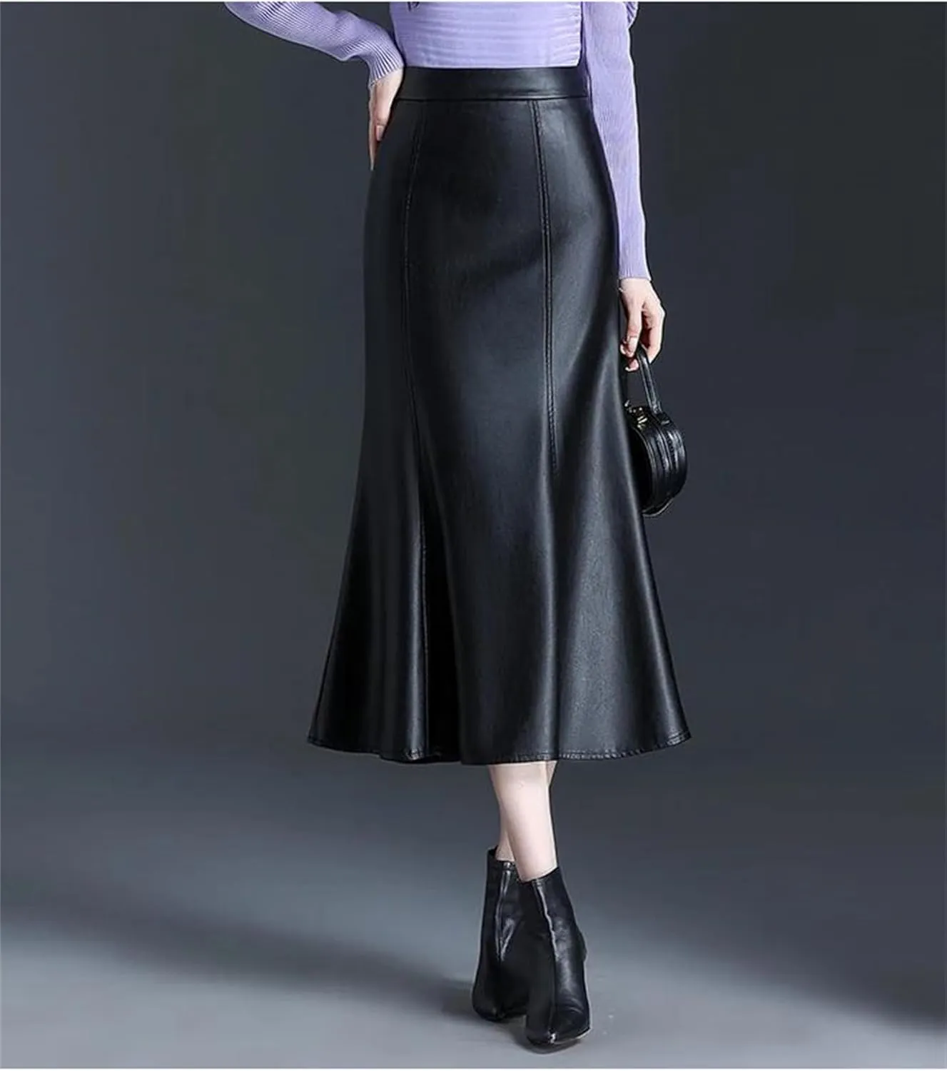 Women Black Long PU Leather Trumpet Skirt Winter Office Chic High Waist Midi Length Bodycon Skirts
