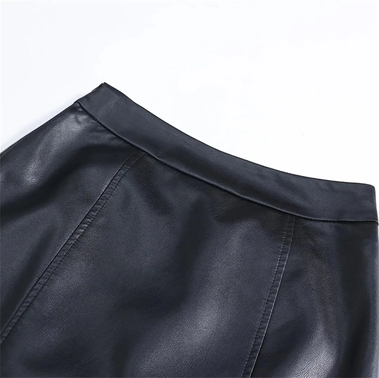 Women Black Long PU Leather Trumpet Skirt Winter Office Chic High Waist Midi Length Bodycon Skirts