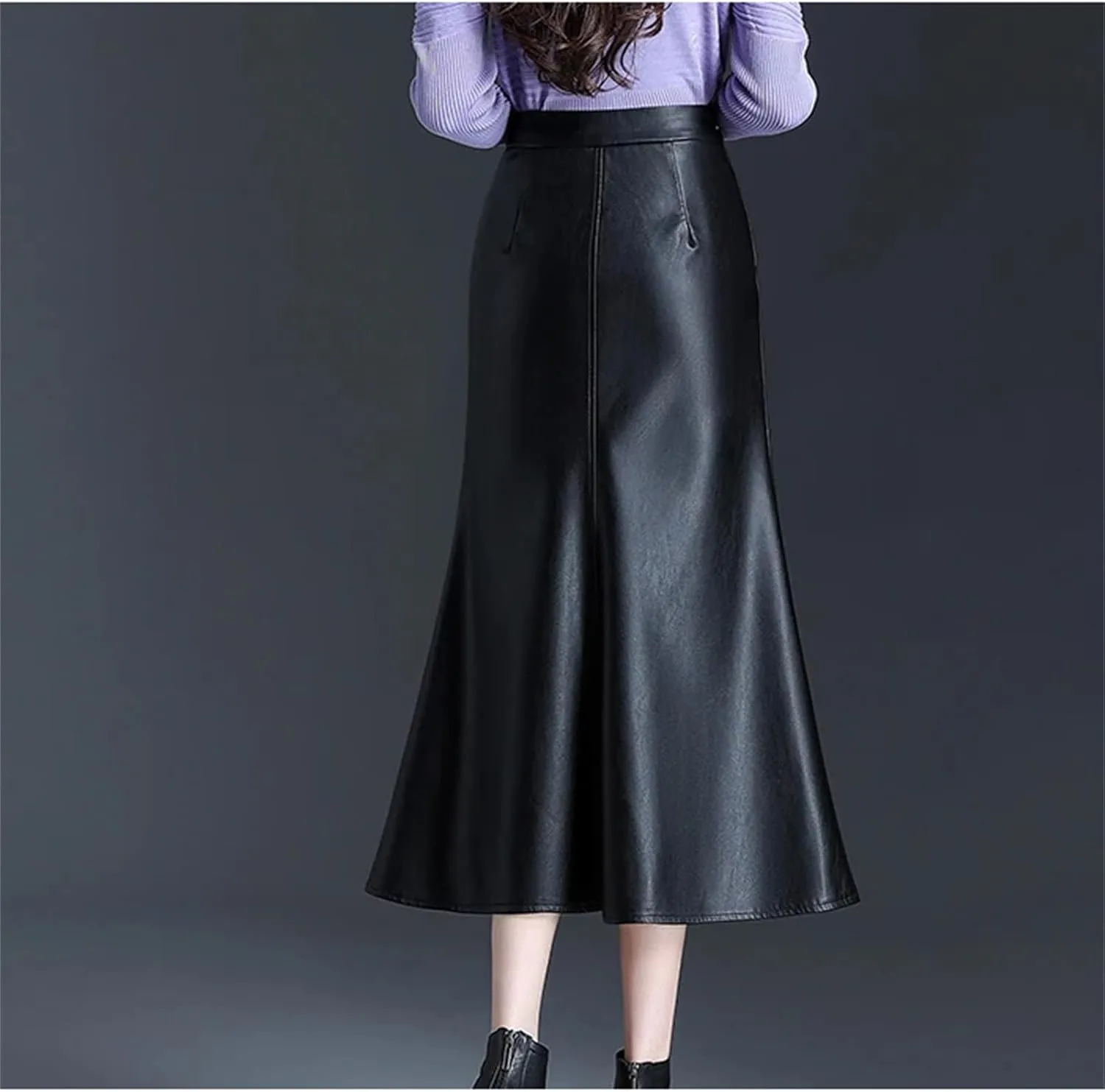 Women Black Long PU Leather Trumpet Skirt Winter Office Chic High Waist Midi Length Bodycon Skirts