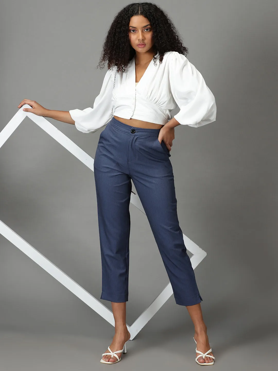 Women Blue Mom Fit Cotton Formal Trousers