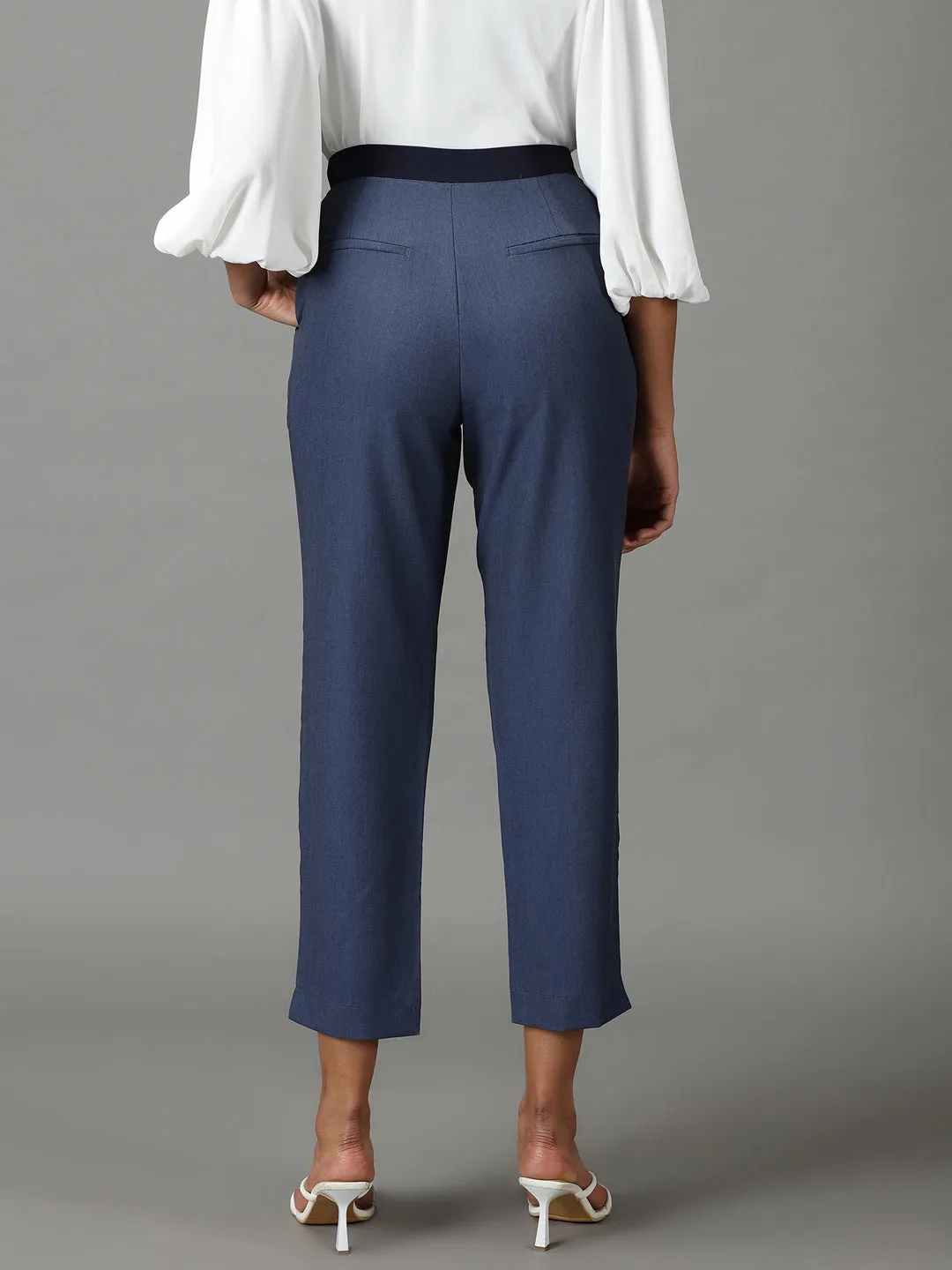 Women Blue Mom Fit Cotton Formal Trousers