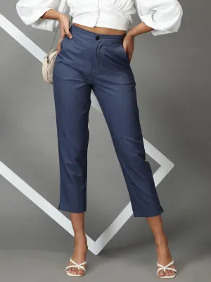 Women Blue Mom Fit Cotton Formal Trousers
