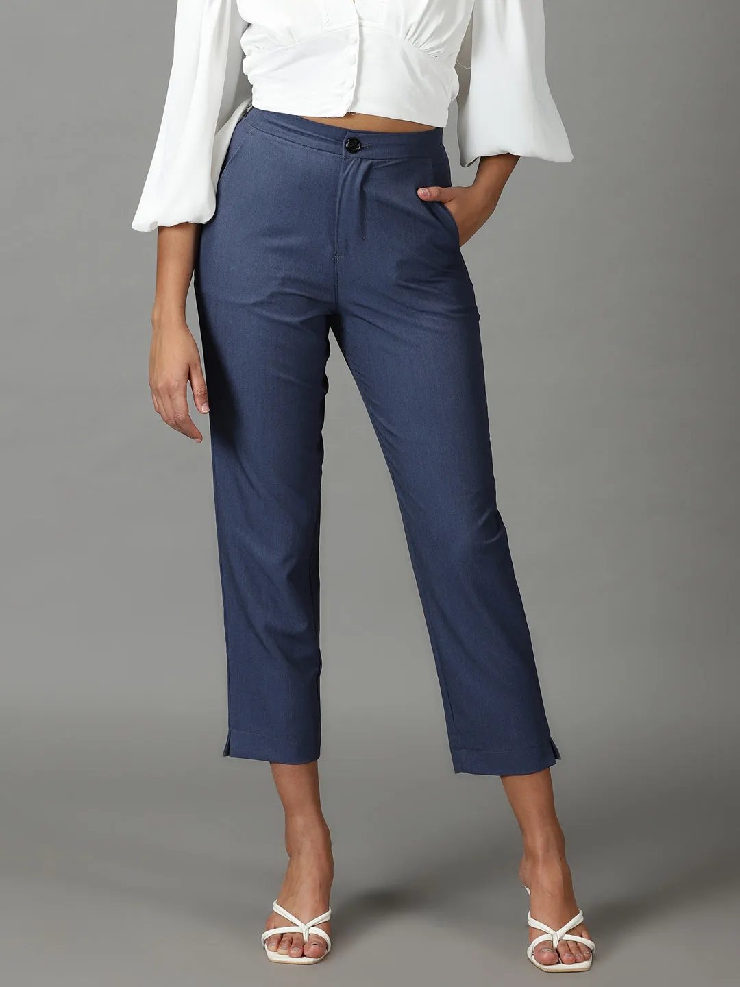 Women Blue Mom Fit Cotton Formal Trousers
