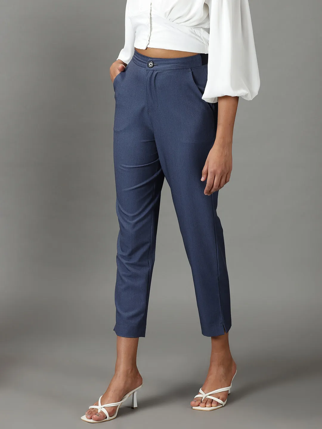 Women Blue Mom Fit Cotton Formal Trousers