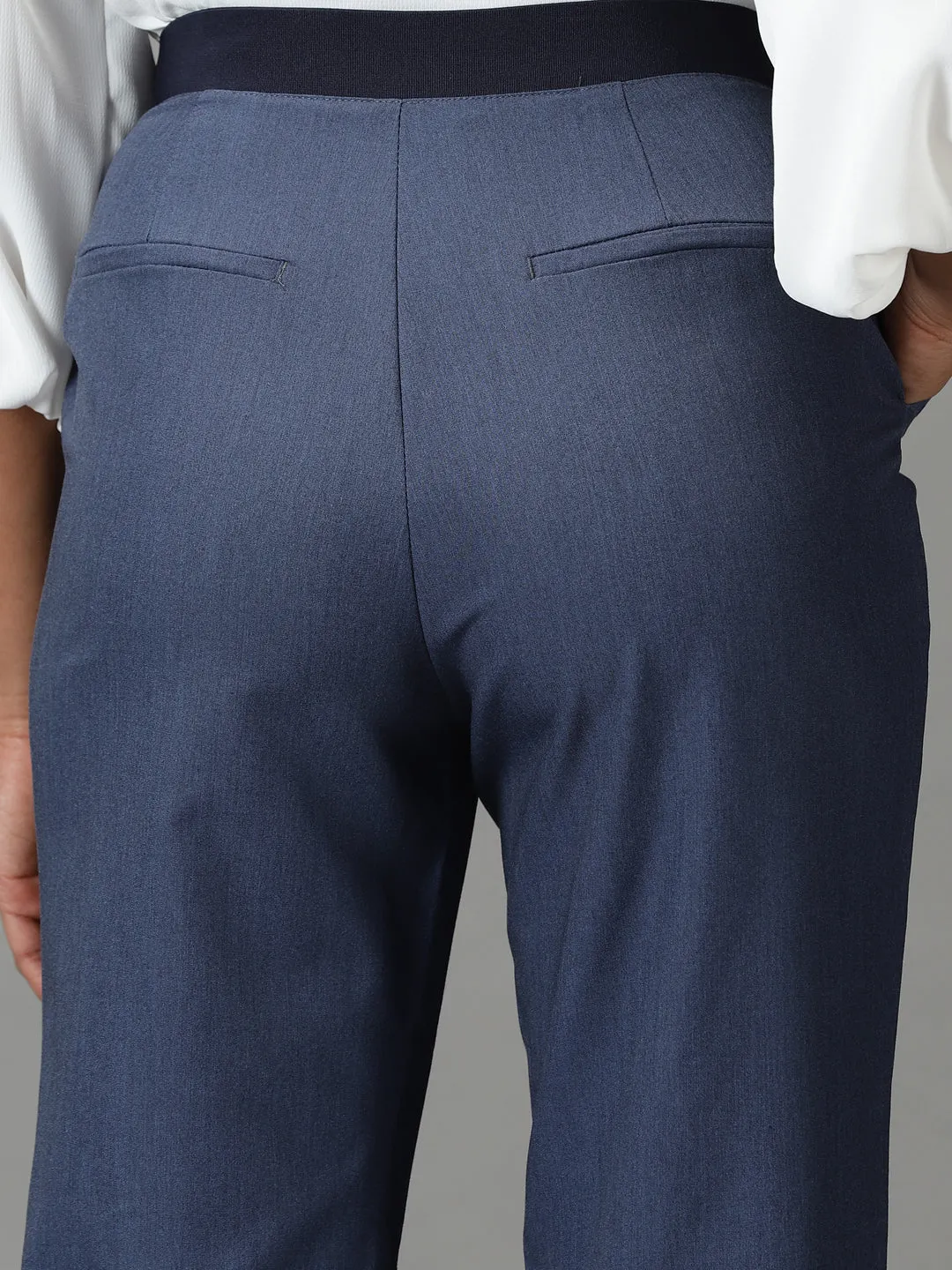Women Blue Mom Fit Cotton Formal Trousers