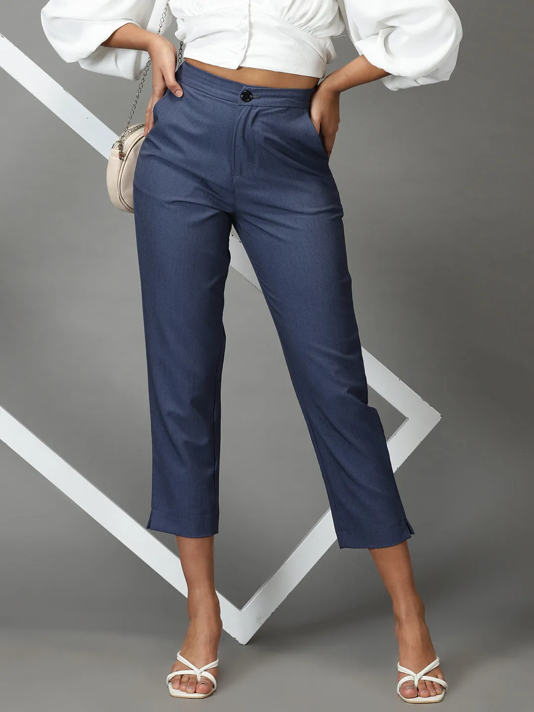 Women Blue Mom Fit Cotton Formal Trousers