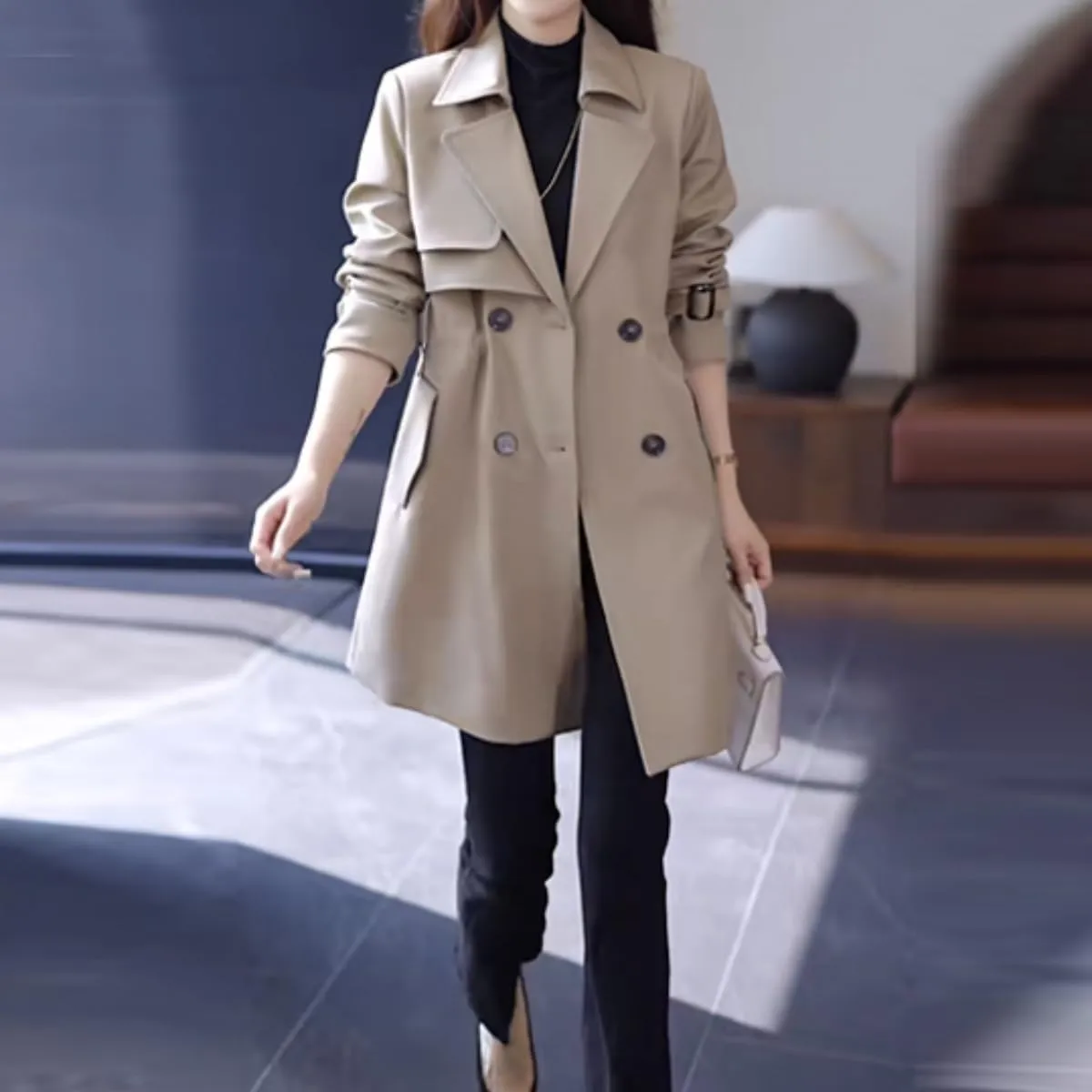 Women Comfortable Waisted Lapel Trench Coat,Double Breasted Lapel Collar Pea Coats,Classic Mid Length Slim Overcoat
