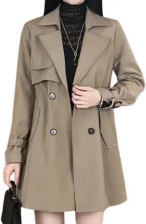 Women Comfortable Waisted Lapel Trench Coat,Double Breasted Lapel Collar Pea Coats,Classic Mid Length Slim Overcoat