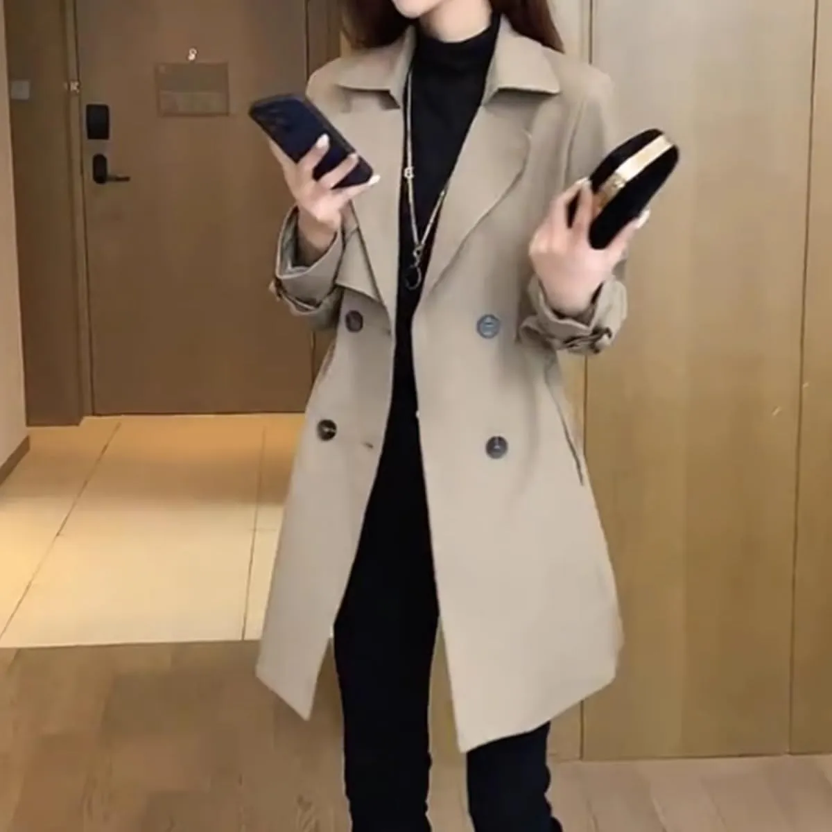 Women Comfortable Waisted Lapel Trench Coat,Double Breasted Lapel Collar Pea Coats,Classic Mid Length Slim Overcoat
