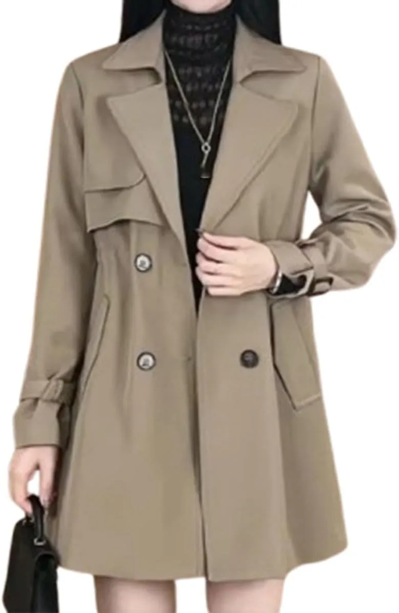 Women Comfortable Waisted Lapel Trench Coat,Double Breasted Lapel Collar Pea Coats,Classic Mid Length Slim Overcoat