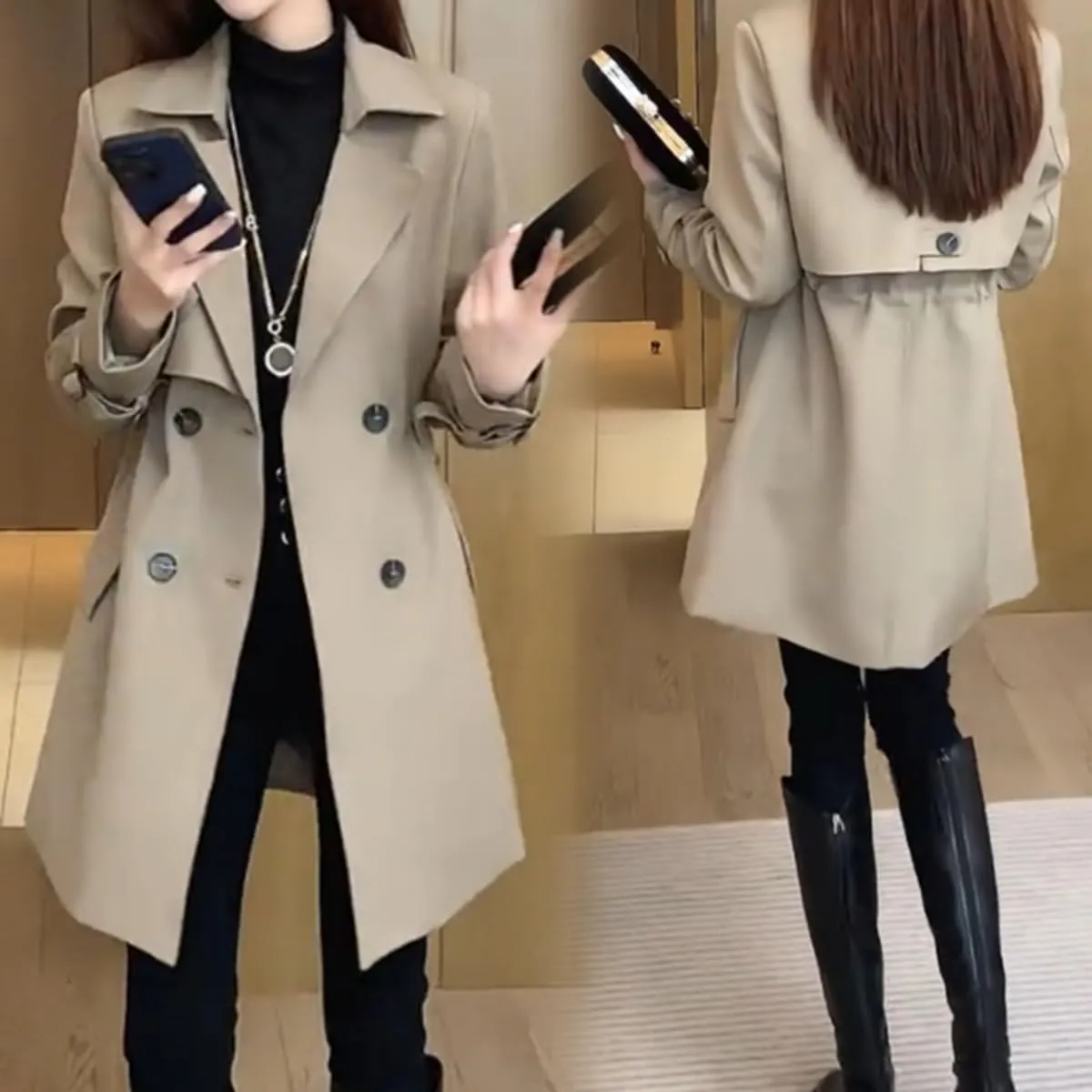 Women Comfortable Waisted Lapel Trench Coat,Double Breasted Lapel Collar Pea Coats,Classic Mid Length Slim Overcoat