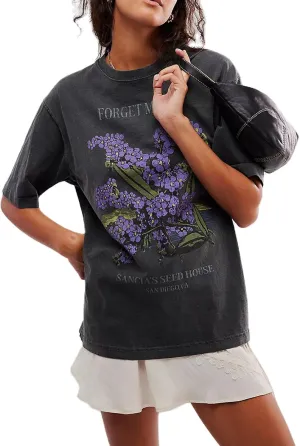 Women Girls Cute Vintage Oversized Floral Graphic Tees Y2K Chic Baggy T Shirts Teen Preppy Coastal Summer Tops