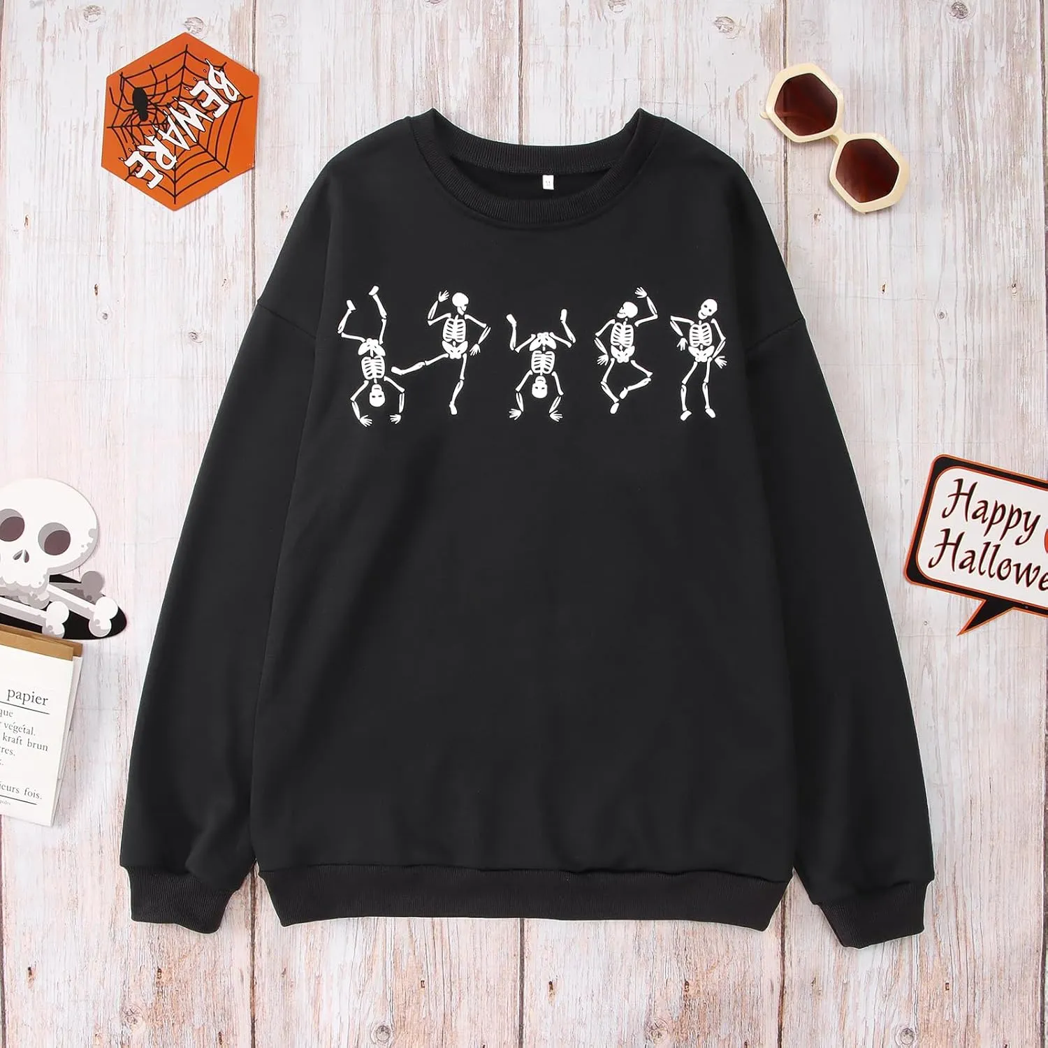 Women Halloween Dancing Skeleton Sweatshirt Skull Graphic Pullover Crew Neck Sweatshirts Oversized Tops Shirts