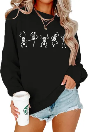 Women Halloween Dancing Skeleton Sweatshirt Skull Graphic Pullover Crew Neck Sweatshirts Oversized Tops Shirts