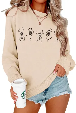 Women Halloween Dancing Skeleton Sweatshirt Skull Graphic Pullover Crew Neck Sweatshirts Oversized Tops Shirts