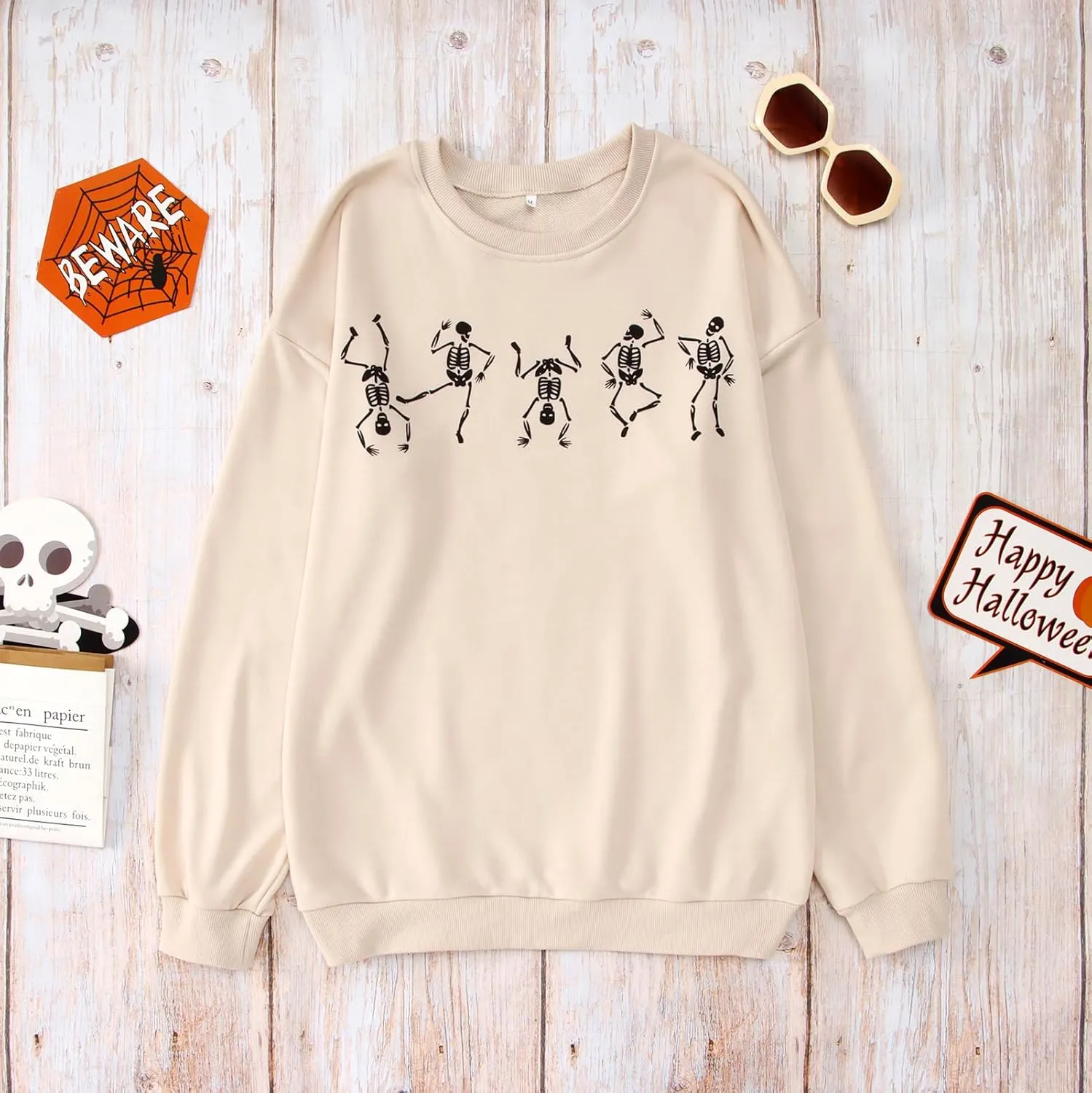 Women Halloween Dancing Skeleton Sweatshirt Skull Graphic Pullover Crew Neck Sweatshirts Oversized Tops Shirts
