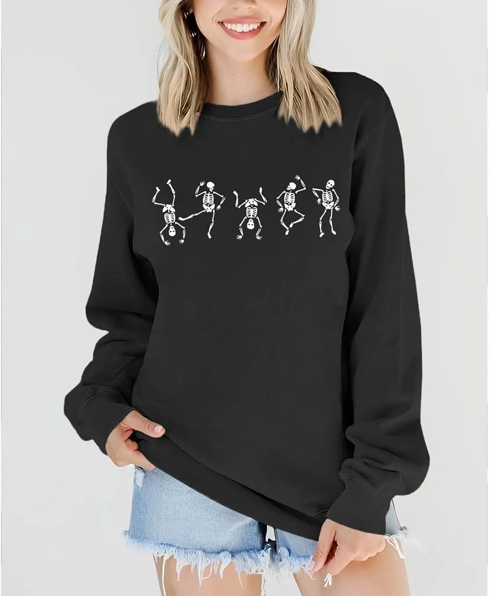 Women Halloween Dancing Skeleton Sweatshirt Skull Graphic Pullover Crew Neck Sweatshirts Oversized Tops Shirts