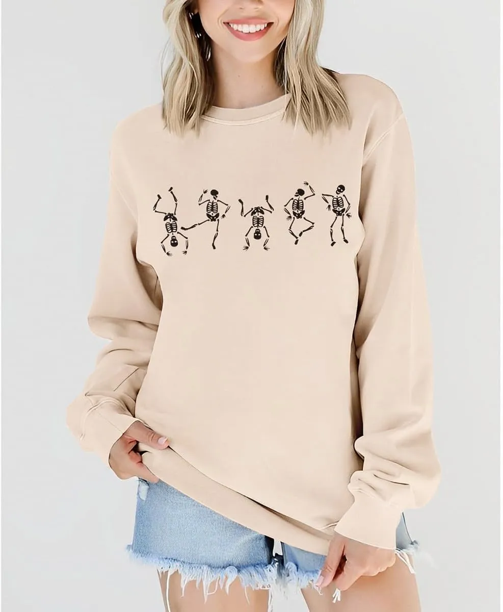 Women Halloween Dancing Skeleton Sweatshirt Skull Graphic Pullover Crew Neck Sweatshirts Oversized Tops Shirts