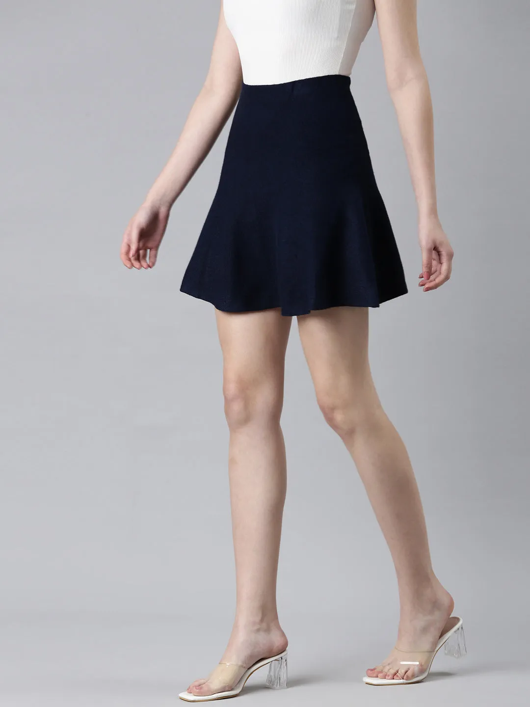 Women Navy Blue Flared Pencil Skirt