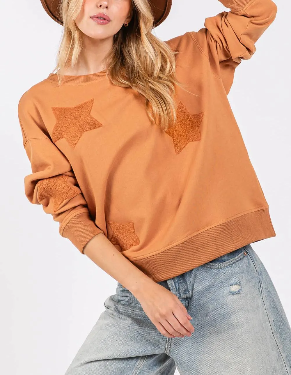 Women Preppy Star Sweatshirt Y2k Patch Graphic Oversized Tee Shirt Vintage Ribbed Long Sleeve Pullover Sweater Top