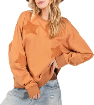 Women Preppy Star Sweatshirt Y2k Patch Graphic Oversized Tee Shirt Vintage Ribbed Long Sleeve Pullover Sweater Top