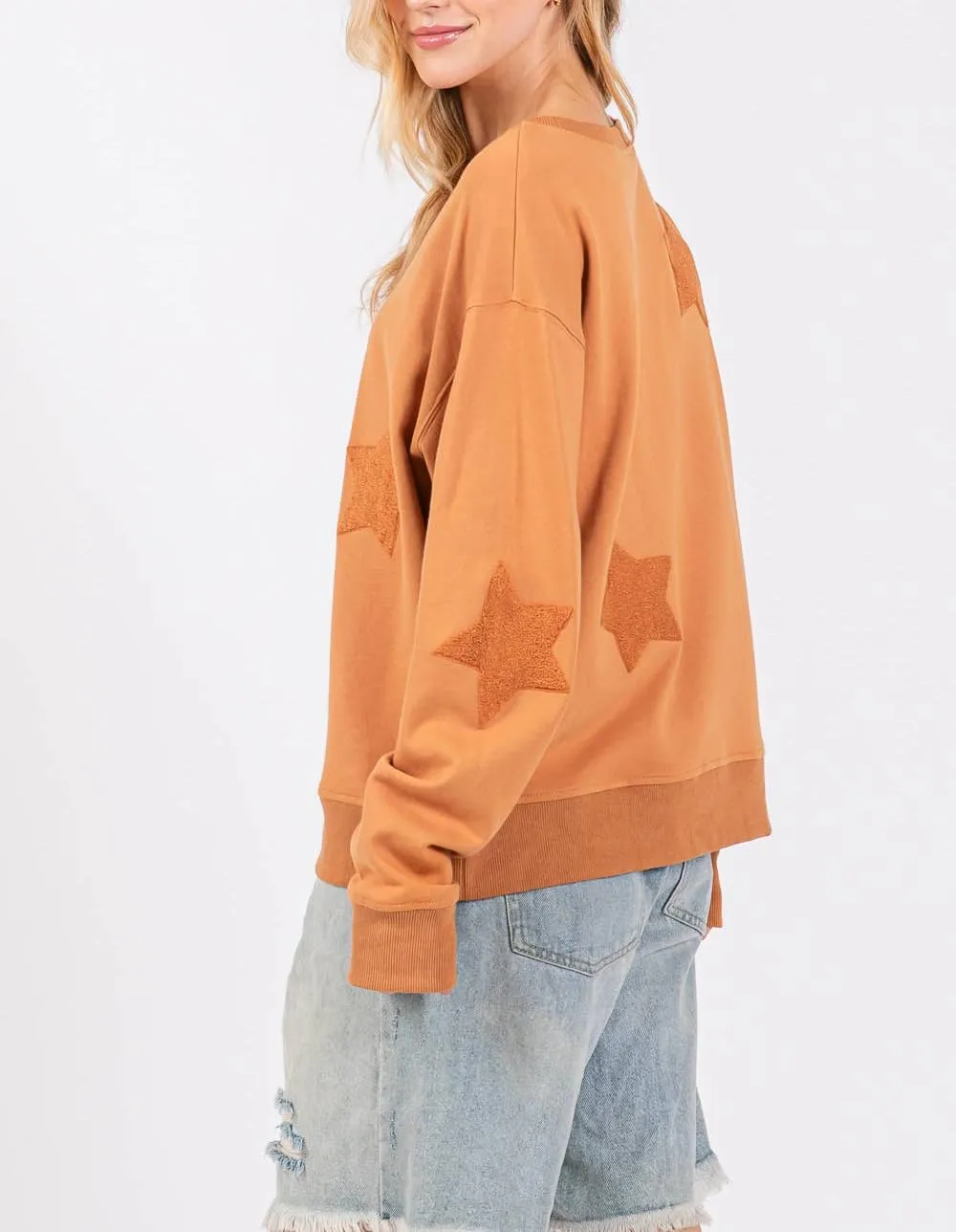 Women Preppy Star Sweatshirt Y2k Patch Graphic Oversized Tee Shirt Vintage Ribbed Long Sleeve Pullover Sweater Top