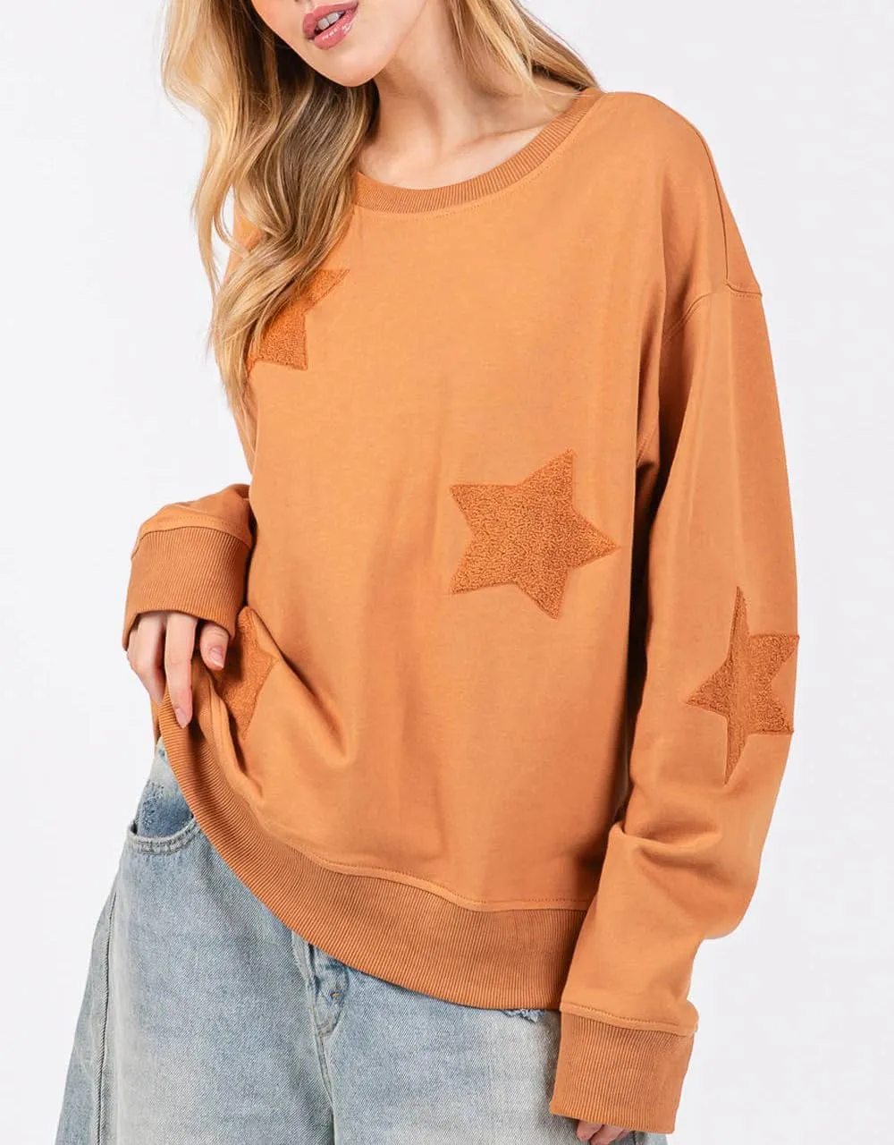 Women Preppy Star Sweatshirt Y2k Patch Graphic Oversized Tee Shirt Vintage Ribbed Long Sleeve Pullover Sweater Top