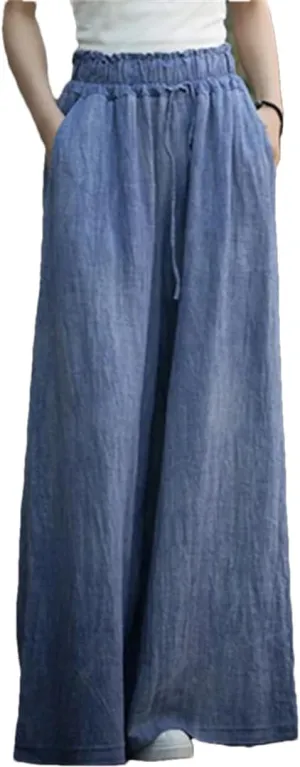 Women Vintage Cotton Linen High Waist Loose Large Size Cargo Trousers Wide Leg