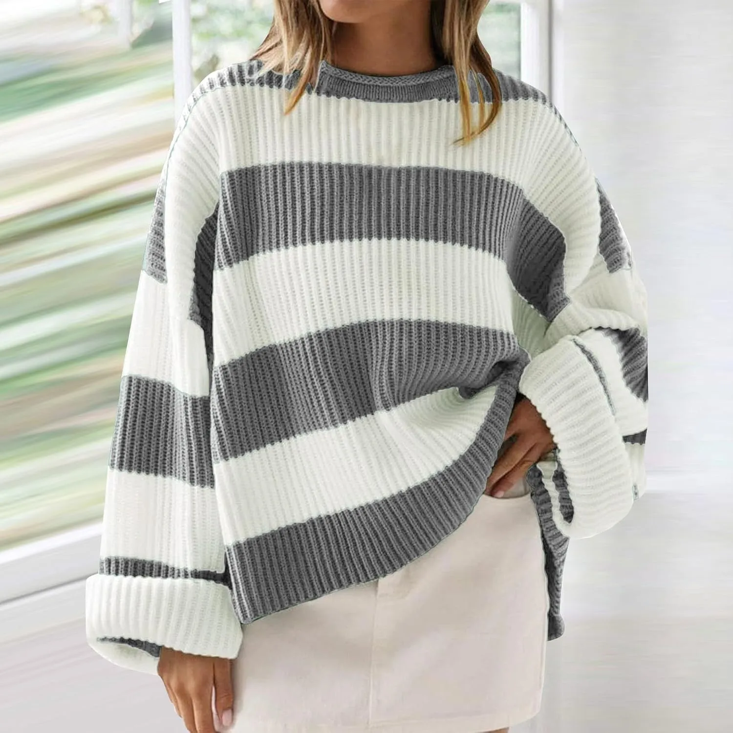 Women's 2024 Fall Long Sleeve Crew Neck Striped Color Block Comfy Loose Oversized Knitted Pullover Sweater