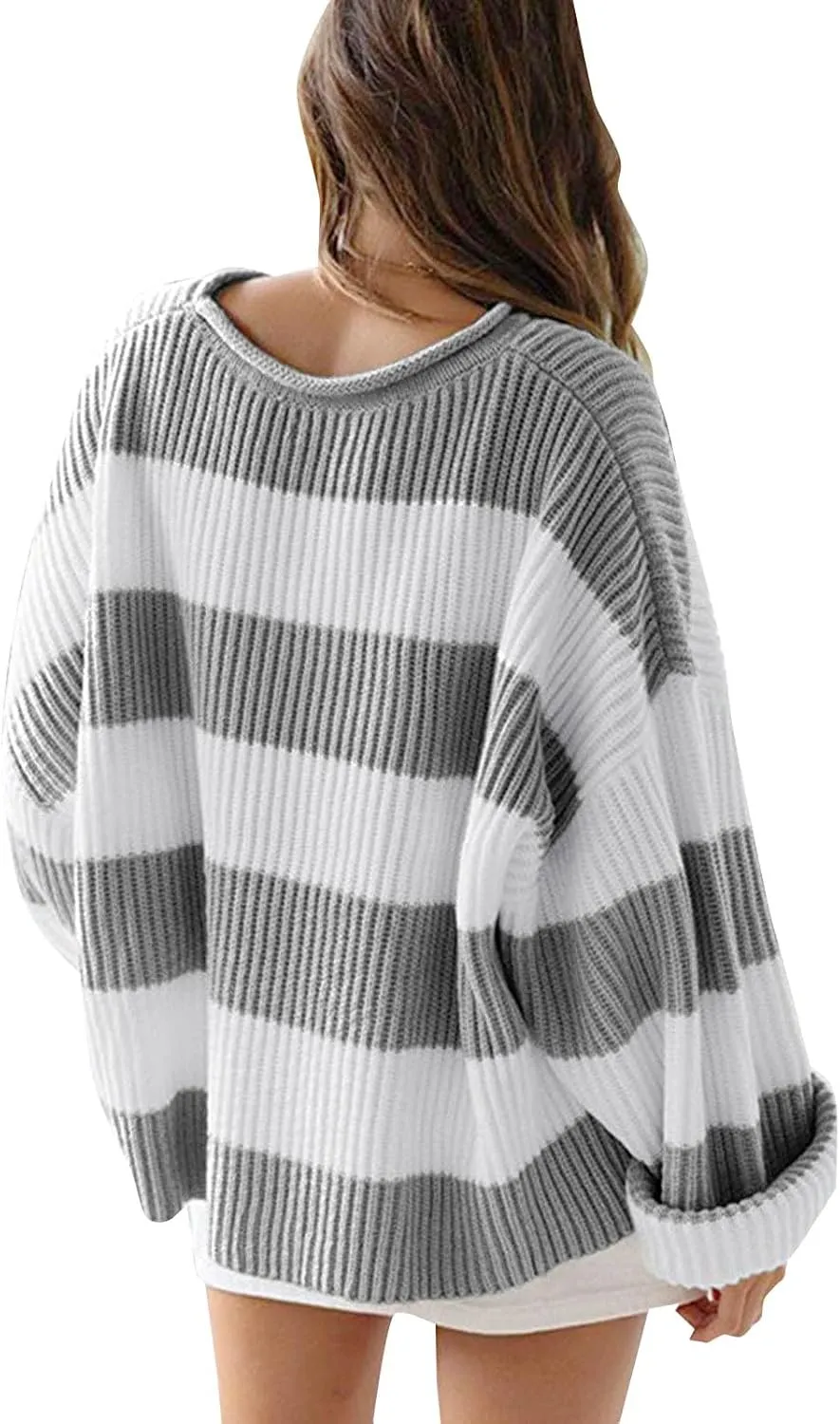 Women's 2024 Fall Long Sleeve Crew Neck Striped Color Block Comfy Loose Oversized Knitted Pullover Sweater