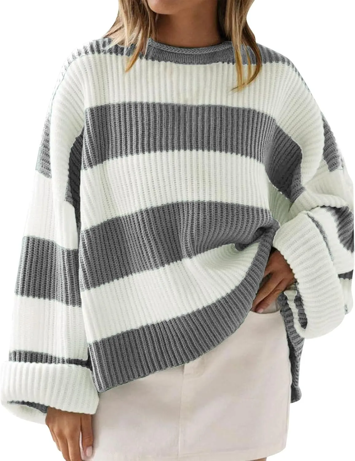 Women's 2024 Fall Long Sleeve Crew Neck Striped Color Block Comfy Loose Oversized Knitted Pullover Sweater