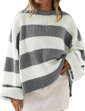 Women's 2024 Fall Long Sleeve Crew Neck Striped Color Block Comfy Loose Oversized Knitted Pullover Sweater