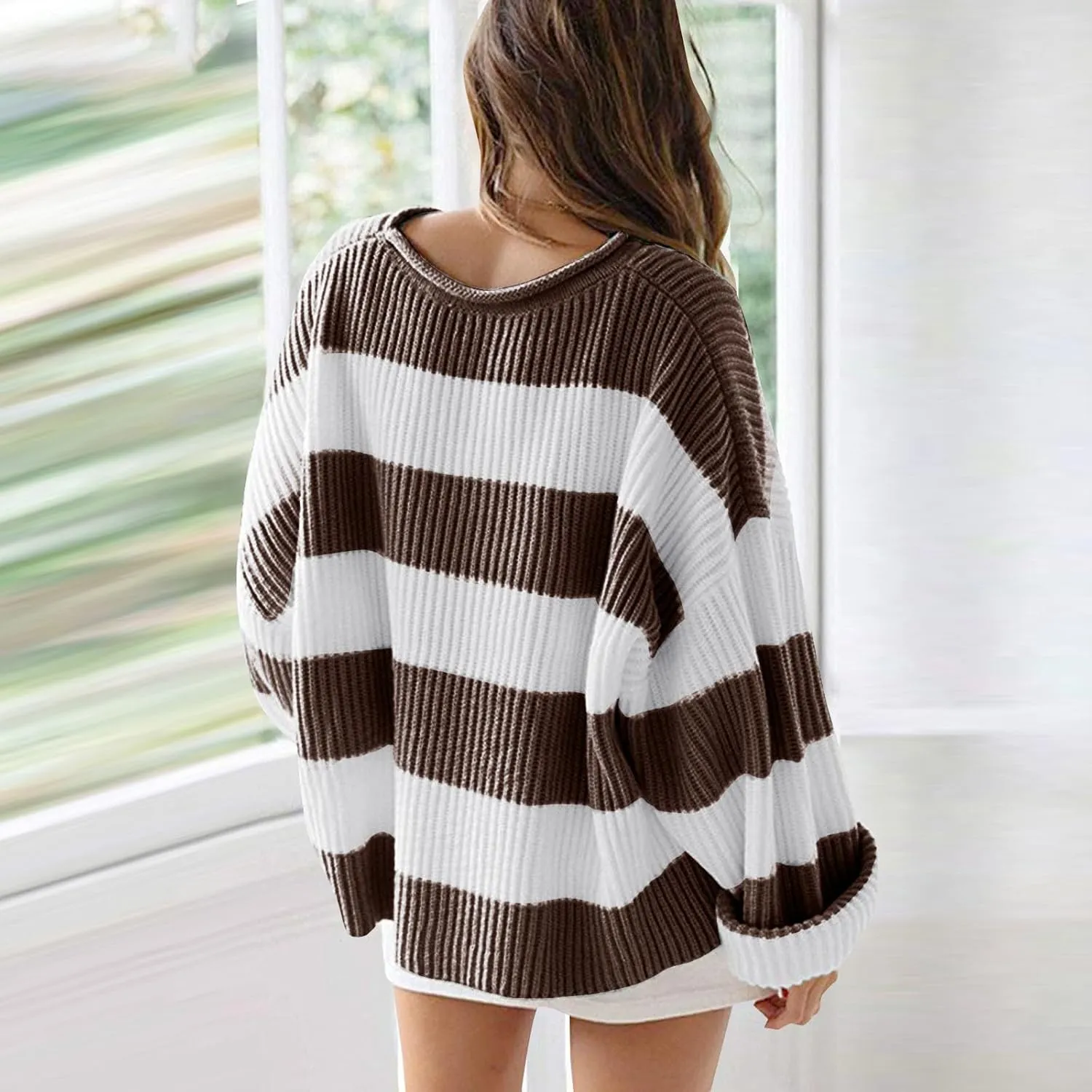 Women's 2024 Fall Long Sleeve Crew Neck Striped Color Block Comfy Loose Oversized Knitted Pullover Sweater