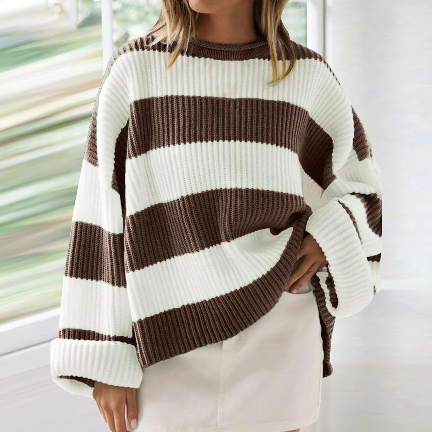 Women's 2024 Fall Long Sleeve Crew Neck Striped Color Block Comfy Loose Oversized Knitted Pullover Sweater