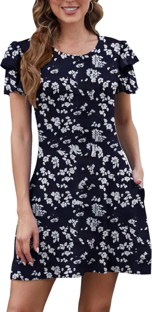 Womens 2024 Ruffle Edge Short Sleeve Crewneck Swing Dresses Casual Summer Floral Mini Dress Skirt with Pockets