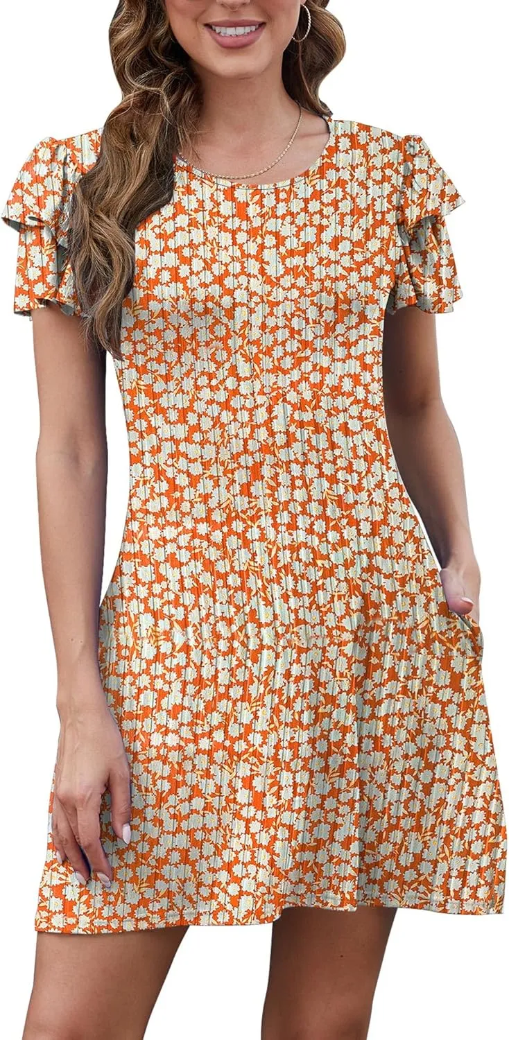 Womens 2024 Ruffle Edge Short Sleeve Crewneck Swing Dresses Casual Summer Floral Mini Dress Skirt with Pockets
