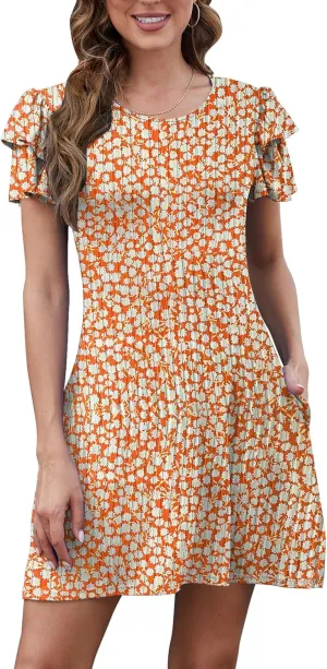 Womens 2024 Ruffle Edge Short Sleeve Crewneck Swing Dresses Casual Summer Floral Mini Dress Skirt with Pockets
