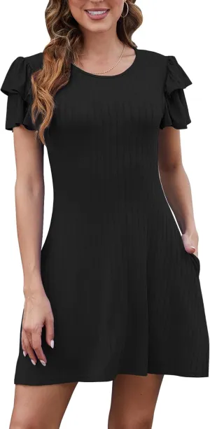 Womens 2024 Ruffle Edge Short Sleeve Crewneck Swing Dresses Casual Summer Floral Mini Dress Skirt with Pockets