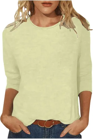 Womens 3/4 Sleeve T-Shirt Plain Pullover Tops Cozy Crewneck Casual Top Three Quarter Length Sleeve T Shirt Soft Basic Blouse