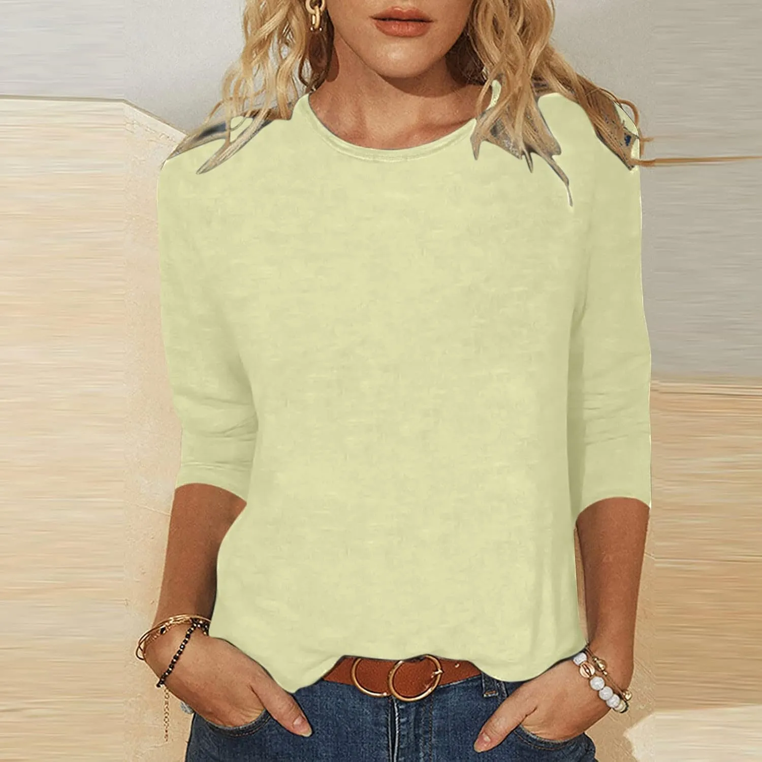 Womens 3/4 Sleeve T-Shirt Plain Pullover Tops Cozy Crewneck Casual Top Three Quarter Length Sleeve T Shirt Soft Basic Blouse