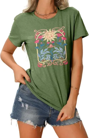 Women's Boho Wildflower Floral Shirts Vintage Graphic Loose Tees Short Sleeve Casual T Shirt Tops