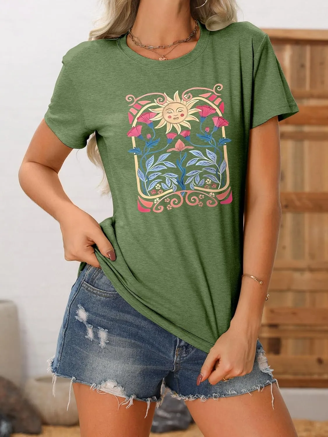 Women's Boho Wildflower Floral Shirts Vintage Graphic Loose Tees Short Sleeve Casual T Shirt Tops