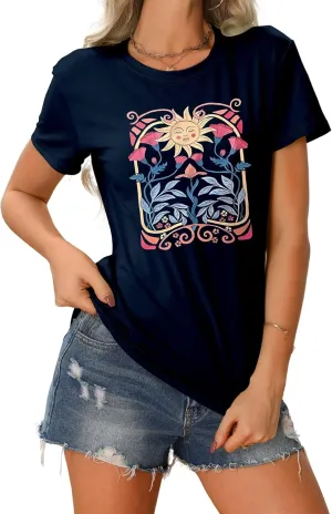 Women's Boho Wildflower Floral Shirts Vintage Graphic Loose Tees Short Sleeve Casual T Shirt Tops