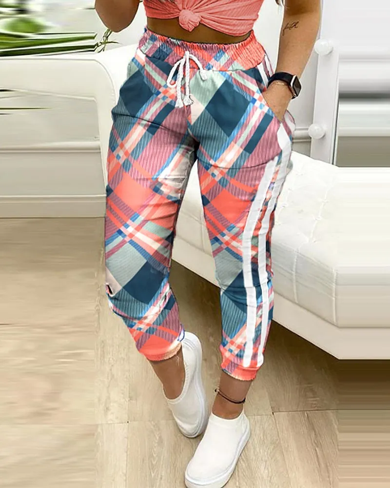 Women's Casual Color-block Plaid Print Cargo Pants