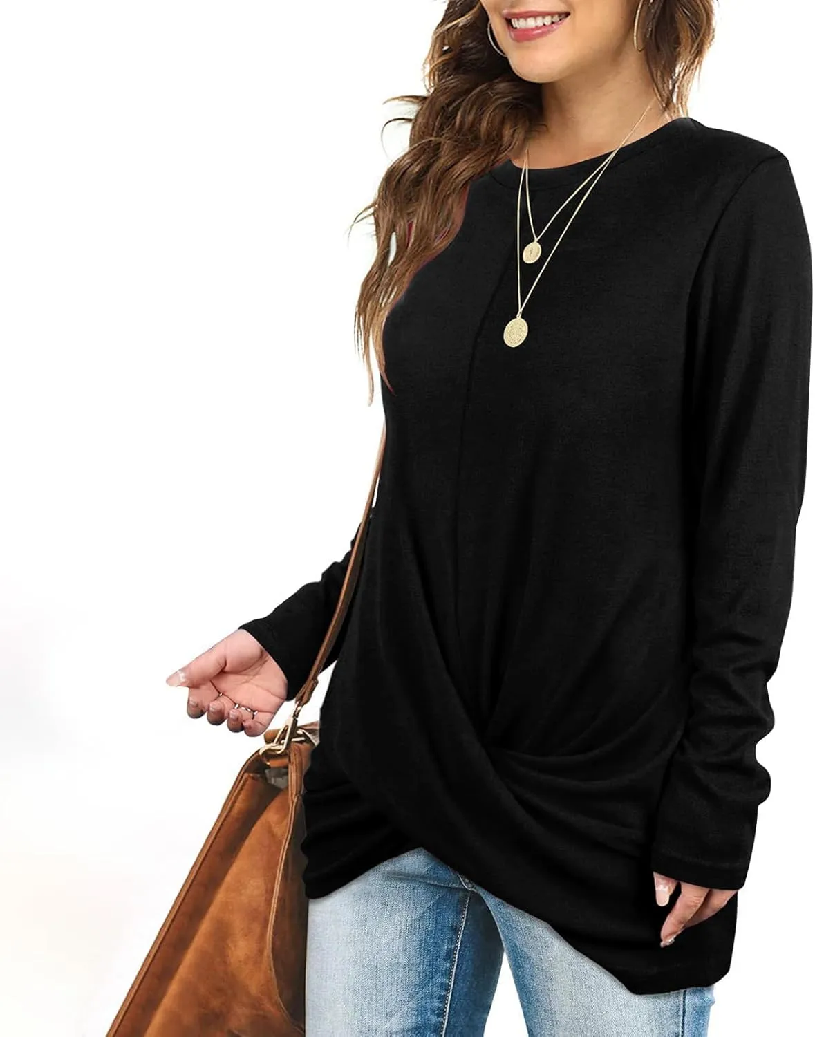 Womens Casual Crewneck Sweatshirts Long Sleeve Solid Color Hoodies Loose Fit Soft Pullover Tops Cross Spliced Top
